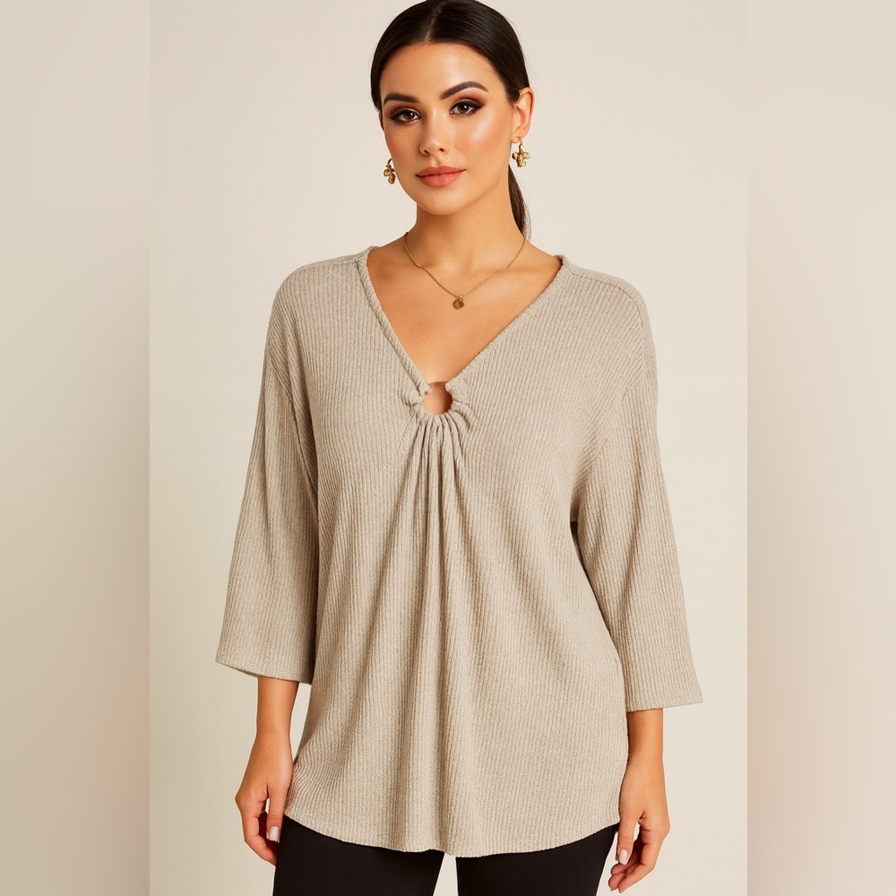 Ruby Red Pullover Women’s Beige Knit Top with unique Ring Detail Neckline Size2X